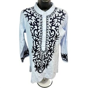 Madison Mathews Blue White Striped Embroidered Tunic Top XS‎ Band Collar Boho